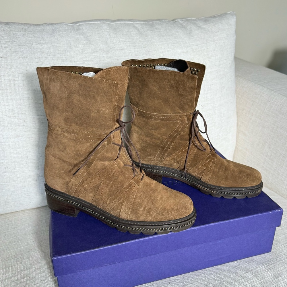Stuart Weitzman‎ 'Yadastud' Biker Ankle Boot Brown Suede Size 8 M